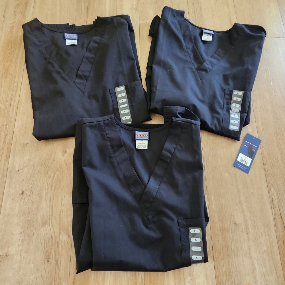 Lot of 3 Cherokee Unisex Adult L Black Short Sleeved V-Neck Scrub Top NWT 4876